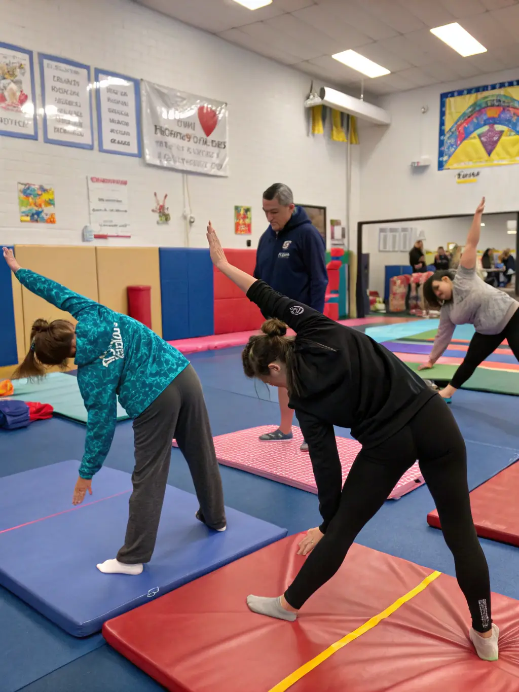 Adults of varying ages participating in a low-impact gymnastics session, emphasizing flexibility and core strength, in a well-lit indoor space.