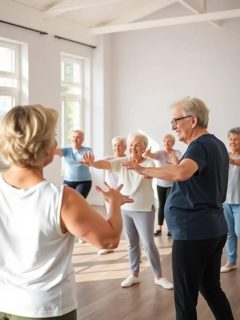 A group of seniors participating in gentle gymnastics exercises, focusing on mobility and balance, in a comfortable and safe setting.