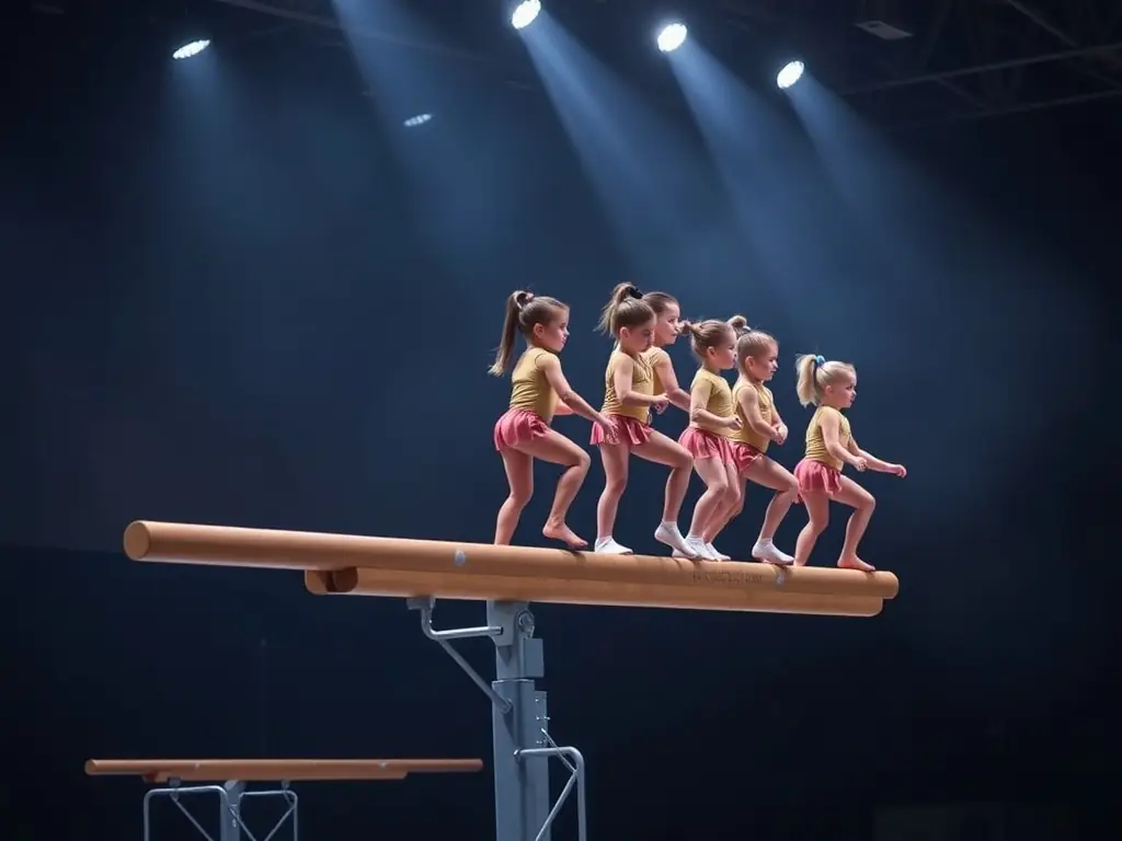 A group of children participating in a gymnastics class, focusing on balance and coordination exercises, with a qualified instructor guiding them in a safe and supportive environment.