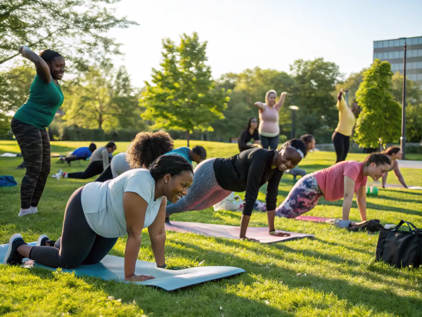 A group of diverse individuals participating in a gymnastics class outdoors, showcasing the inclusive and community-focused environment of ASSOCIATION SPORTIVE DE GYM BOISSETOISE.