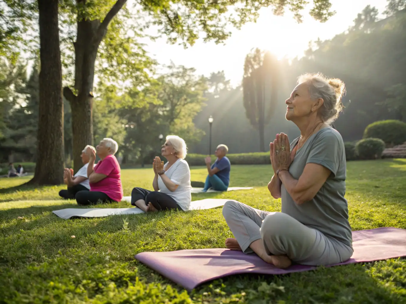 A group of seniors participating in a gentle exercise program, focusing on mobility and balance, with an instructor providing personalized guidance and support.