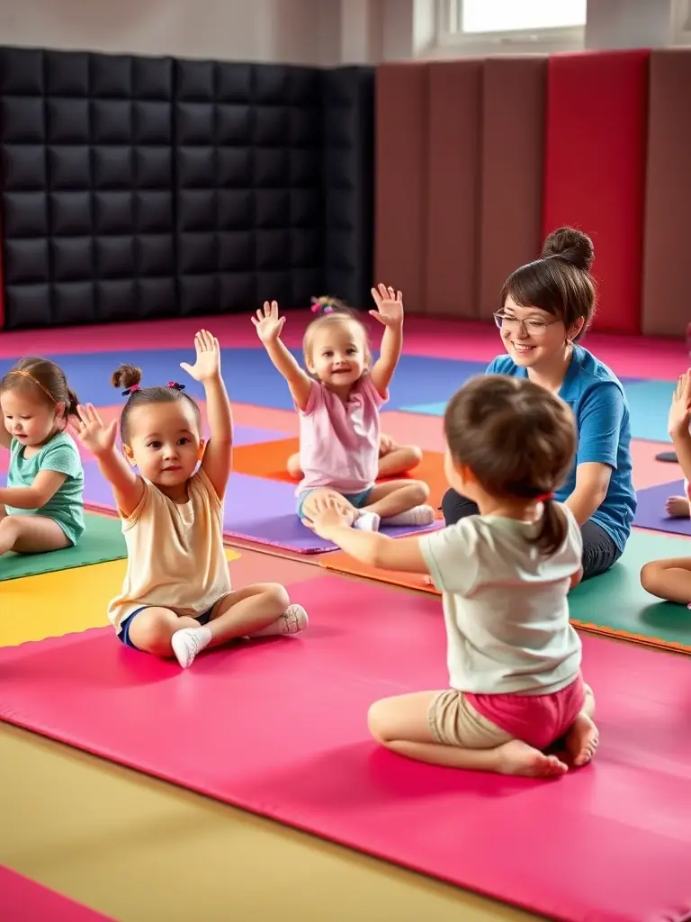 A group of children participating in a gymnastics class, focusing on balance and coordination exercises, with a qualified instructor supervising.
