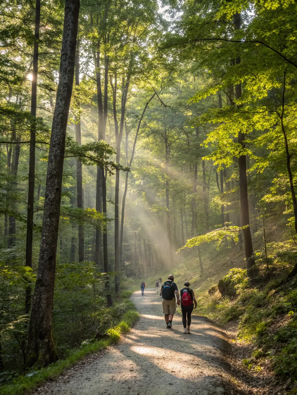 A scenic outdoor setting where participants are engaged in a nature walk and stretching exercises, promoting physical activity in natural environments.