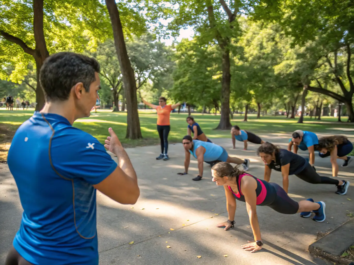 A diverse group of adults participating in a fitness class outdoors, emphasizing the importance of activity in natural environments and promoting overall well-being.