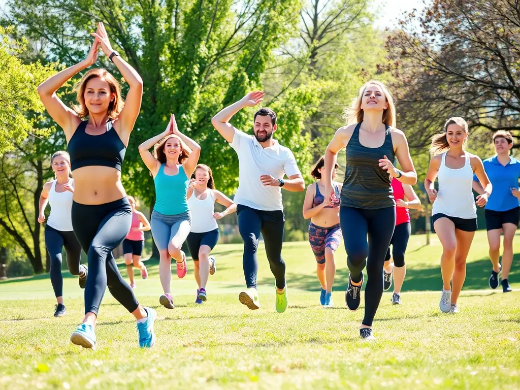 A diverse group of adults participating in a group fitness class outdoors, emphasizing teamwork and camaraderie, set against a backdrop of a natural environment.